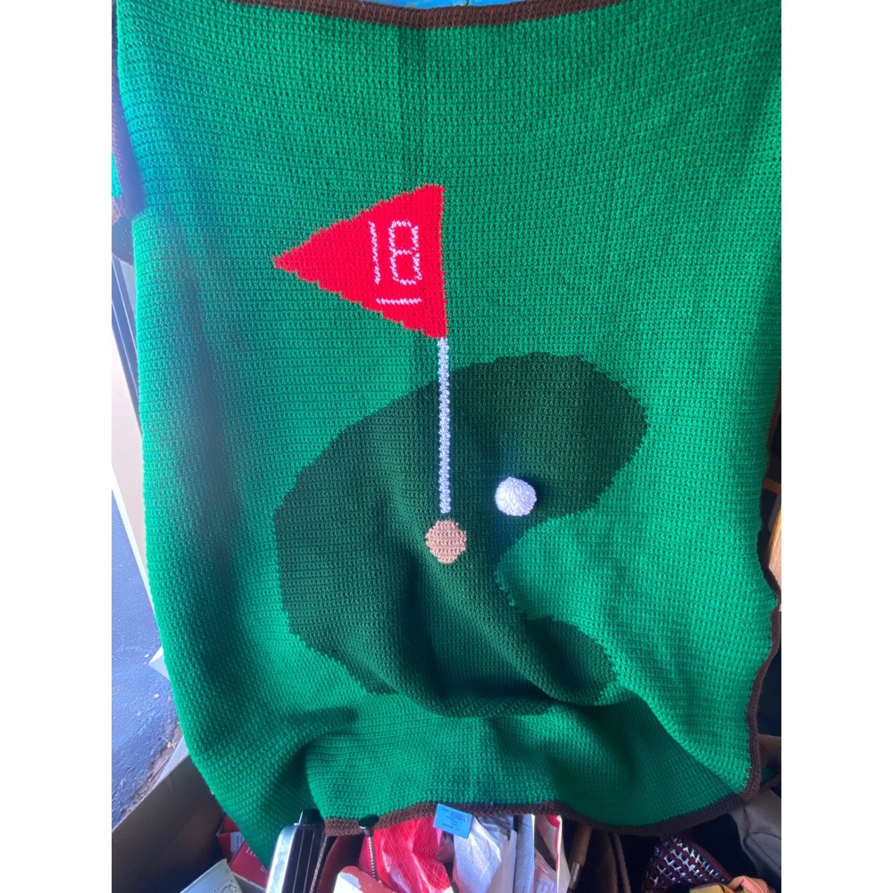 Vintage‎ Handmade Crochet Golf Blanket 18th Hole Green Red Flag Afghan Throw